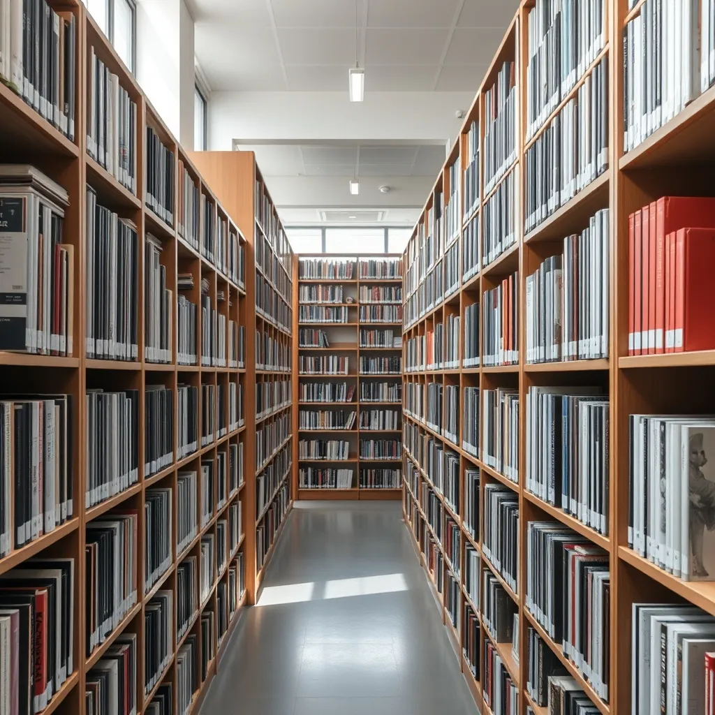 A professional library archive with tall shelves, organized