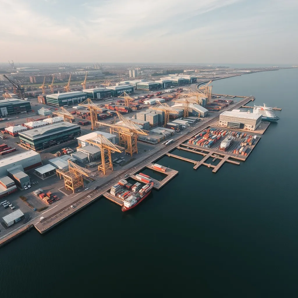 Aerial view of a modern European port city with industrial s