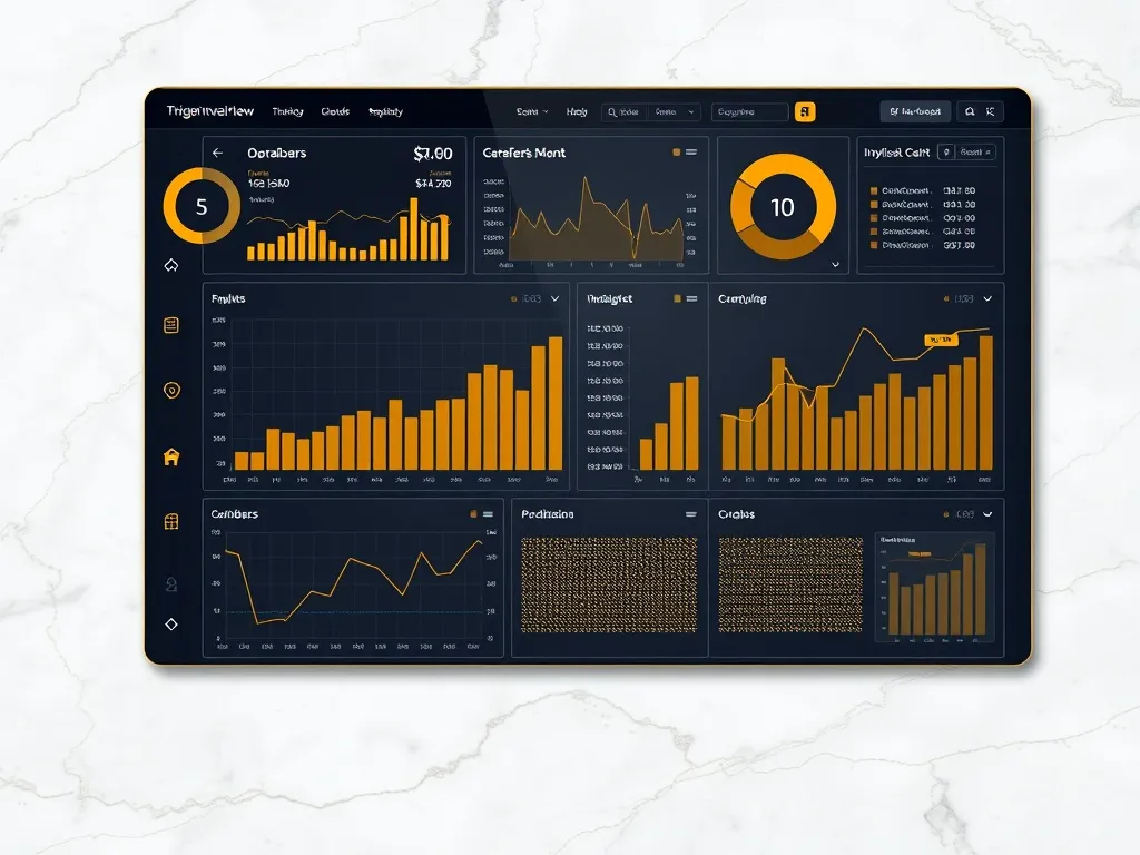 High-tech analytical dashboard with golden accents on a whit